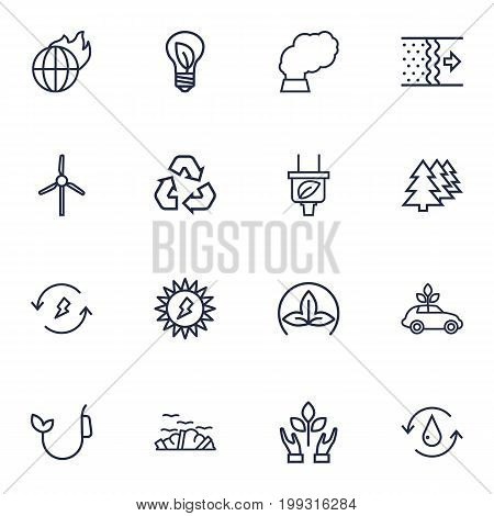Collection Of Ecol, Garbage, Nature And Other Elements.  Set Of 16 Atmosphere Outline Icons Set.