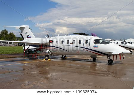 Moscow Region - July 21 2017: Italian light turboprop aircraft Piaggio Aero at the International Aviation and Space Salon (MAKS) in Zhukovsky.
