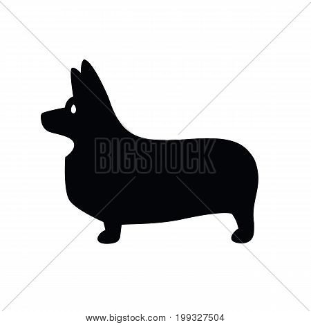 Stylized vector drawing of a silhouette of standing in profile tailless dog Welsh Corgi breed