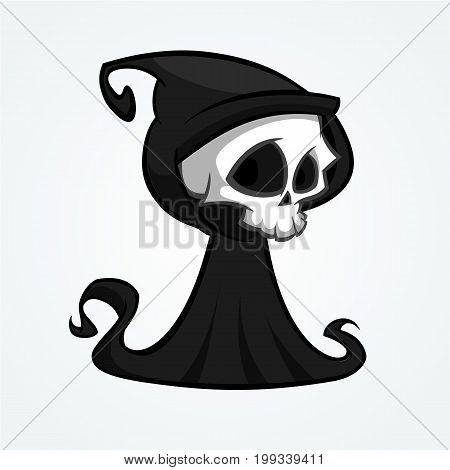 Cute cartoon grim reaper with scythe isolated on white. Cute Halloween skeleton death character icon. Outlined