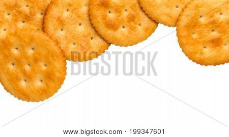 Dry cracker cookies isolated on white background cutout top view concept of food