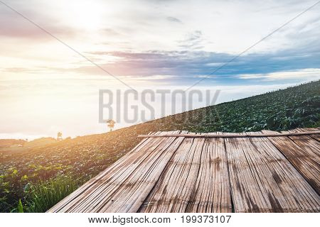 Mountain view Village in the valley In the morning Asia Tropical. Wooden balcony see nature. Phutubberk Thailand