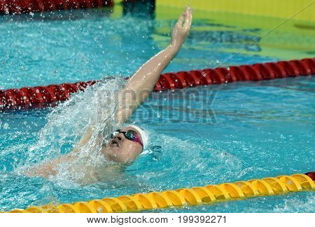 Hong Kong China - Oct 30 2016. Olympian and World Youth gold medalist Peter BERNEK (HUN) swimming in the Men's Backstroke 200m Preliminary Heat. FINA Swimming World Cup Victoria Park