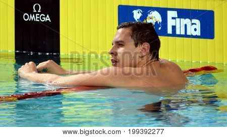 Hong Kong China - Oct 30 2016. Australian swimmer LARKIN Mitchell (AUS) after the Men's Backstroke 200m Preliminary Heat. FINA Swimming World Cup Victoria Park