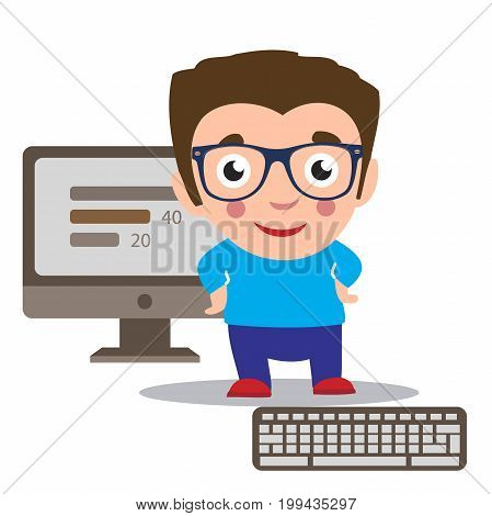Flat vector illustration of young programmer coding a new project using programmimg skills and working as system admin