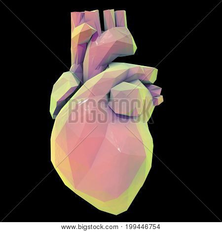 Low polygonal human heart isolated on black background, 3D illustration