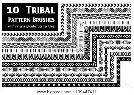 Tribal, ethnic vector pattern brushes with inner and outer corner tiles. Perfect for creating design elements, geometric ornament, frames, borders and more. All used brushes included in brush palette.