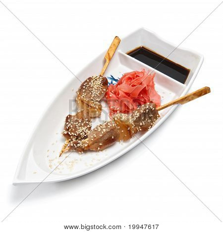 Shish Kebab On A Plate In The Form Of A Boat