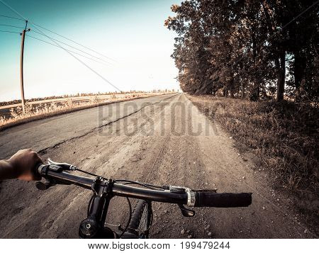 A man cyclist holds a bicycle behind the wheel with one hand in the woods. Copy space.