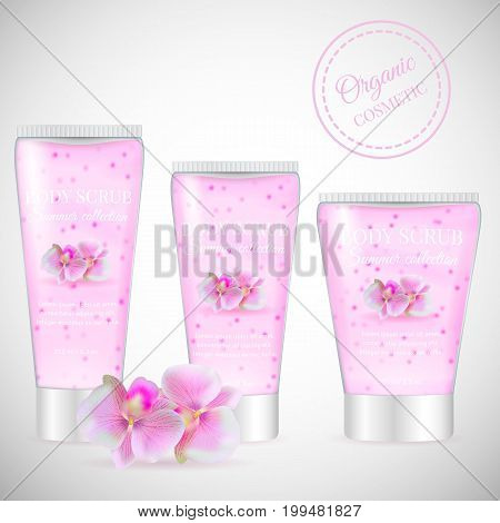 Realistic packaging body scrub bottles, organic scrub orchid cosmetics tubes.Natural scrub cosmetic, 3d orchid flower.Organic cosmetics skin scrub.Fashion magazine cosmetic advertising, luxury collection