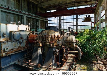 Abandoned factory overgrown with green plants, rusty machines and equipment, toned