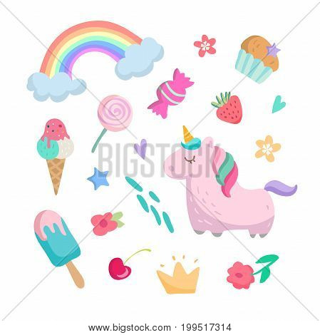 Fashion patch badges with unicorns, hearts, cats, rainbow and other elements for girls. Vector illustration isolated on white background. Set of stickers, pins, patches in cartoon cstyle.