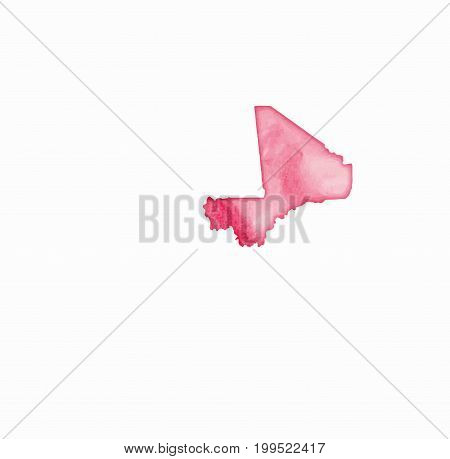 Mali Watercolor Map In Red Colors. Visit Mali Poster With Airplane Trace And Handpainted Watercolor