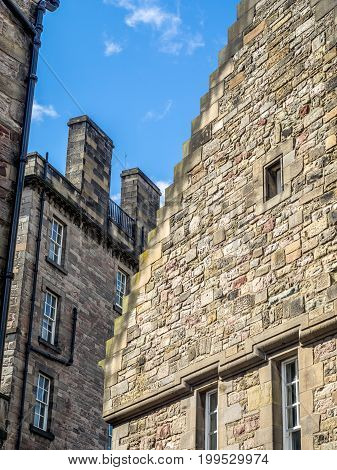 EDINBURGH, SCOTLAND - JULY 29: External facades of buildings at Edinburgh Castle on July 29, 2017 in Edinburgh Scotland. Edinburgh Castle is full of many ancient buildings.