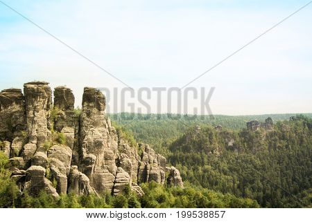Mountains Of Bastei, Rocks Formation In Saxon Switzerland National Park, Kurort Rathen, Germany.