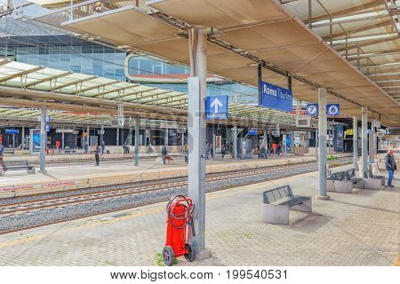 Rome , Italy - May 11, 2017 : Passenger Train, People On Rome Railways Stantion - Roma Tiburtina. It