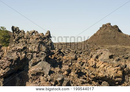 Block lava fragments and landscape of the Craters of the Moon National Monument and Preserve, Idaho