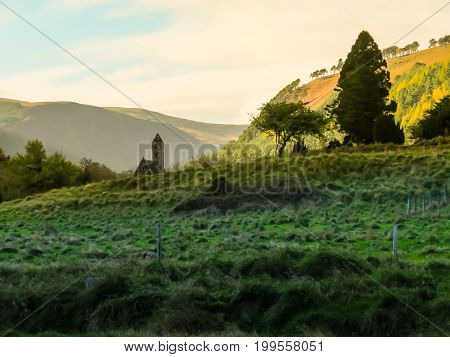 Monastic site Glendalough at sunrise. Glendalough Valley, Wicklow Mountains National Park, Ireland