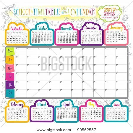 Template school timetable for students or pupils with   days of week and free spaces  for notes. Illustration includes many hand drawn elements of school supplies.