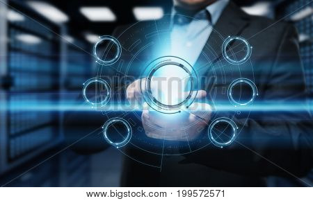 Businessman pressing button on virtual screen. Man pointing on futuristic interface. Innovation technology internet and business concept.