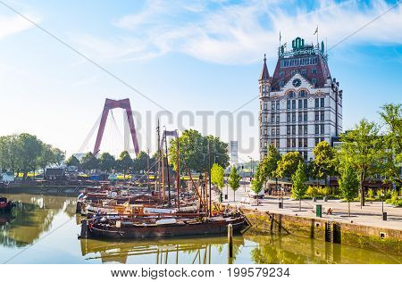 Rotterdam The Nederlands - July 18 2016: The Wijnhaven canal area with the Art Nouveau style White House palace