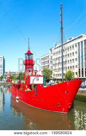 Rotterdam The Nederlands - July 18 2016: A lighthouse boat in the Wijnhaven canal area