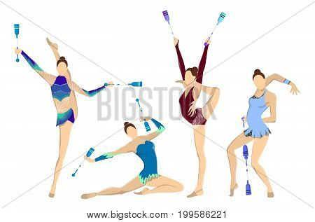 Gymnastics with indian clubs. Set of athletes in outfits with clubs.