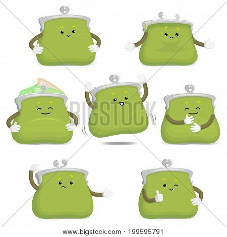 Cute and funny purse, wallet character showing various emotions, cartoon vector illustration isolated on white background. Funny green leather purse character, emoji, money symbol
