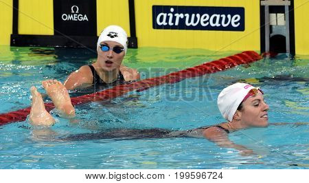 Hong Kong China - Oct 30 2016. Emily SEEBOHM (AUS) and HOSSZU Katinka (HUN) after the Women's Backstroke 100m Final. FINA Swimming World Cup Victoria Park Swimming Pool.