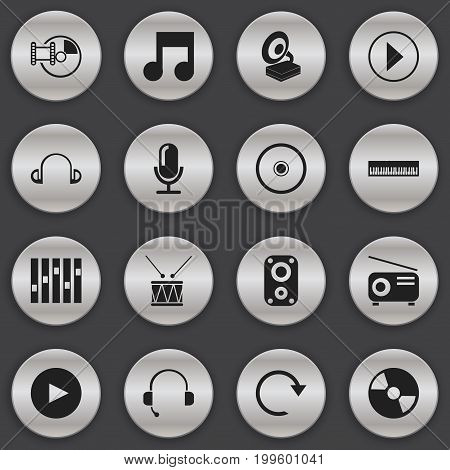 Set Of 16 Editable Mp3 Icons. Includes Symbols Such As Sound Amplifier, Musical Symbol, Memory And More