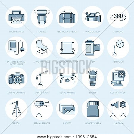 Photography equipment flat line icons. Digital camera, photos, lighting, video cameras, photo accessories, memory card, tripod lens film. Vector illustration, signs for photo studio or store.