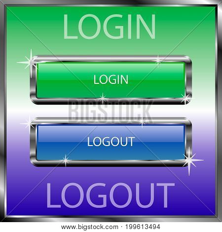 Login and logout buttons on a color reflective surface