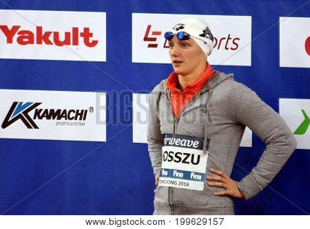 Hong Kong China - Oct 30 2016. HOSSZU Katinka (HUN) at the Victory Ceremony of the Women's Butterfly 200m. FINA Swimming World Cup.