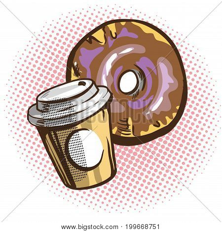 Vector fanny characters of chocolate donuts and cup of coffee. Cartoon style.