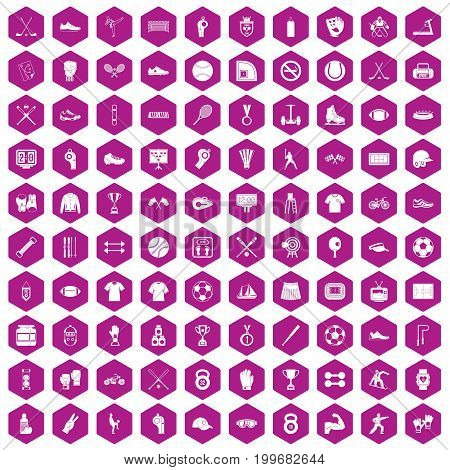 100 athlete icons set in violet hexagon isolated vector illustration
