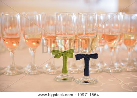 Restaurant champagne glasses arrangements for wedding reception