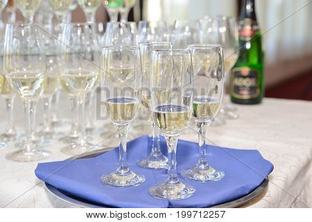 Restaurant champagne glasses arrangements for wedding reception