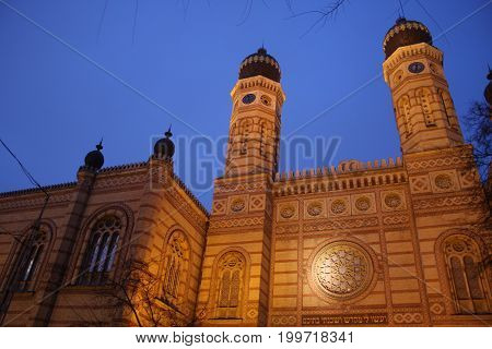 Exterior of the Great Synagogue in Dohany Street. The Dohany Street Synagogue (Tabakgasse Synagogue) is the largest synagogue in Europe. Budapest, Hungary.