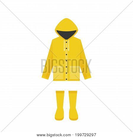yellow raincoat and rubber boots, flat design for rainy season