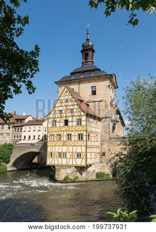 Famous city hall of Bamberg, located in the middle of the Regnitz river, Bavaria, Germany
