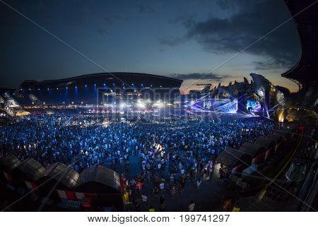 Cluj-Napoca, Romania - August 3, 2017:   Crowd having fun at a MO, a Danish singer and songwriter,  live concert at Untold Festival, one of the major music festival of Europe