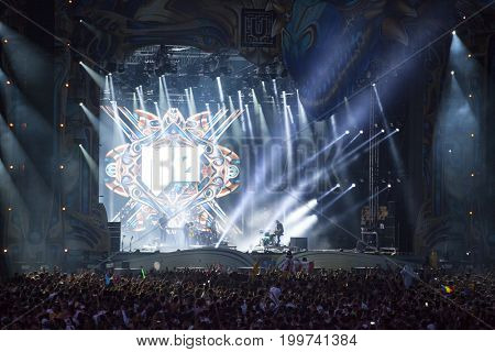 Cluj-Napoca, Romania - August 3, 2017:   Crowd having fun at a MO, a Danish singer and songwriter,  live concert at Untold Festival, one of the major music festival of Europe