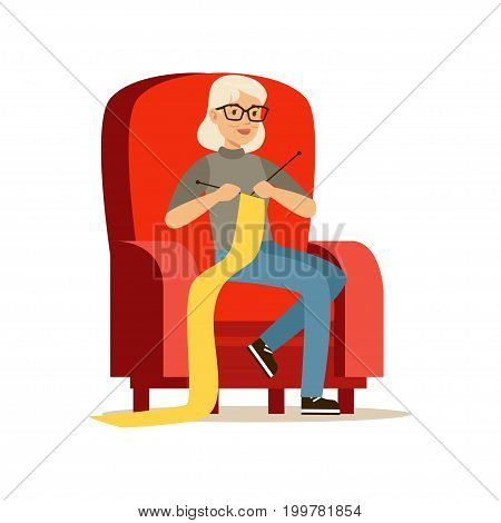 Beautiful senior woman sitting in the armchair and knitting colorful character vector Illustration isolated on a white background