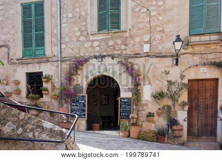 Beautiful Street In Valldemossa, Famous Old Mediterranean Village Of Majorca Spain.