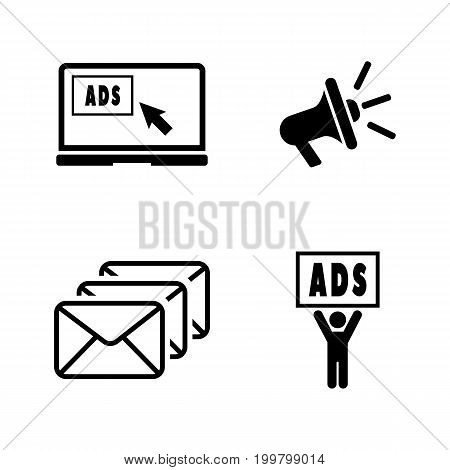 Advertise. Simple Related Vector Icons Set for Video, Mobile Apps, Web Sites, Print Projects and Your Design. Black Flat Illustration on White Background.