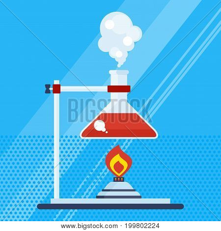 Poster with chemical equipment. Test tube and flack, chemical burner, laboratory, liquid. Studies and scientific experiments. Flat vector cartoon illustration. Objects isolated on background.