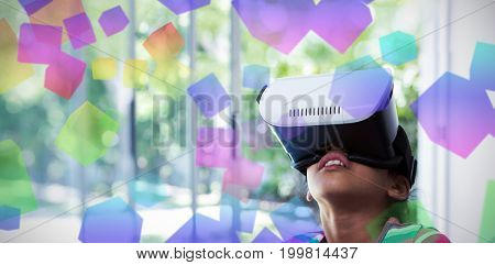 Three dimension image of square with formulas against girl using virtual reality headset at home