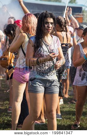 Odessa, Ukraine - August 5, 2017: Water Festival. Party Wet. Hands And Happy People Crowd Partying U