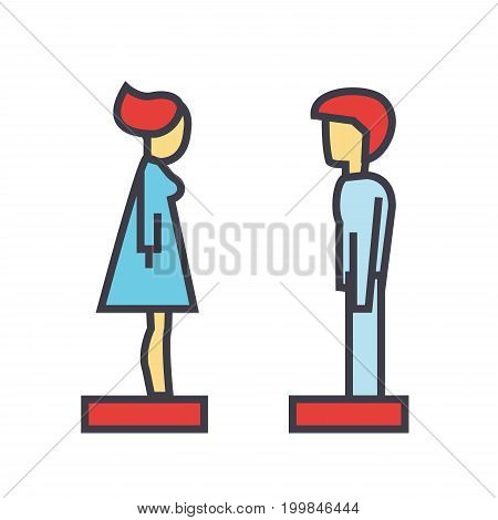 Woman and man profile side view, avatars, relationship concept. Line vector icon. Editable stroke. Flat linear illustration isolated on white background