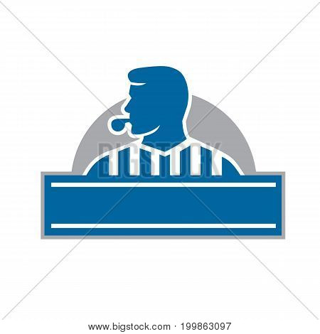 Illustration of a referee umpire official blowing whistle looking to the side viewed from front set inside half circle done in retro style.